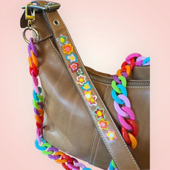 Coach C33-9566 Brown Leather Hobo Hand-Painted Upcycled Retro Floral Bag Art - Picture 4 of 13
